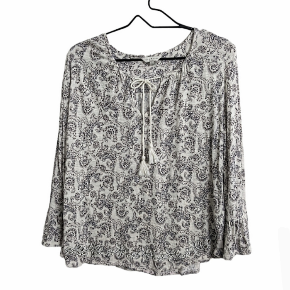 Lucky Brand white brown boho top shirt long sleeve loose fit eyelet hem tassel L